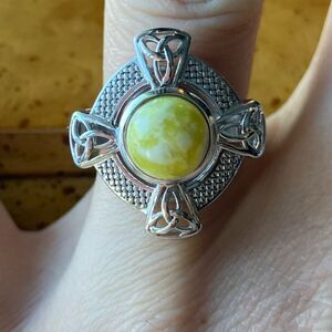 Natural Connemara Marble Sterling Silver Celtic Cross Ring Size 7